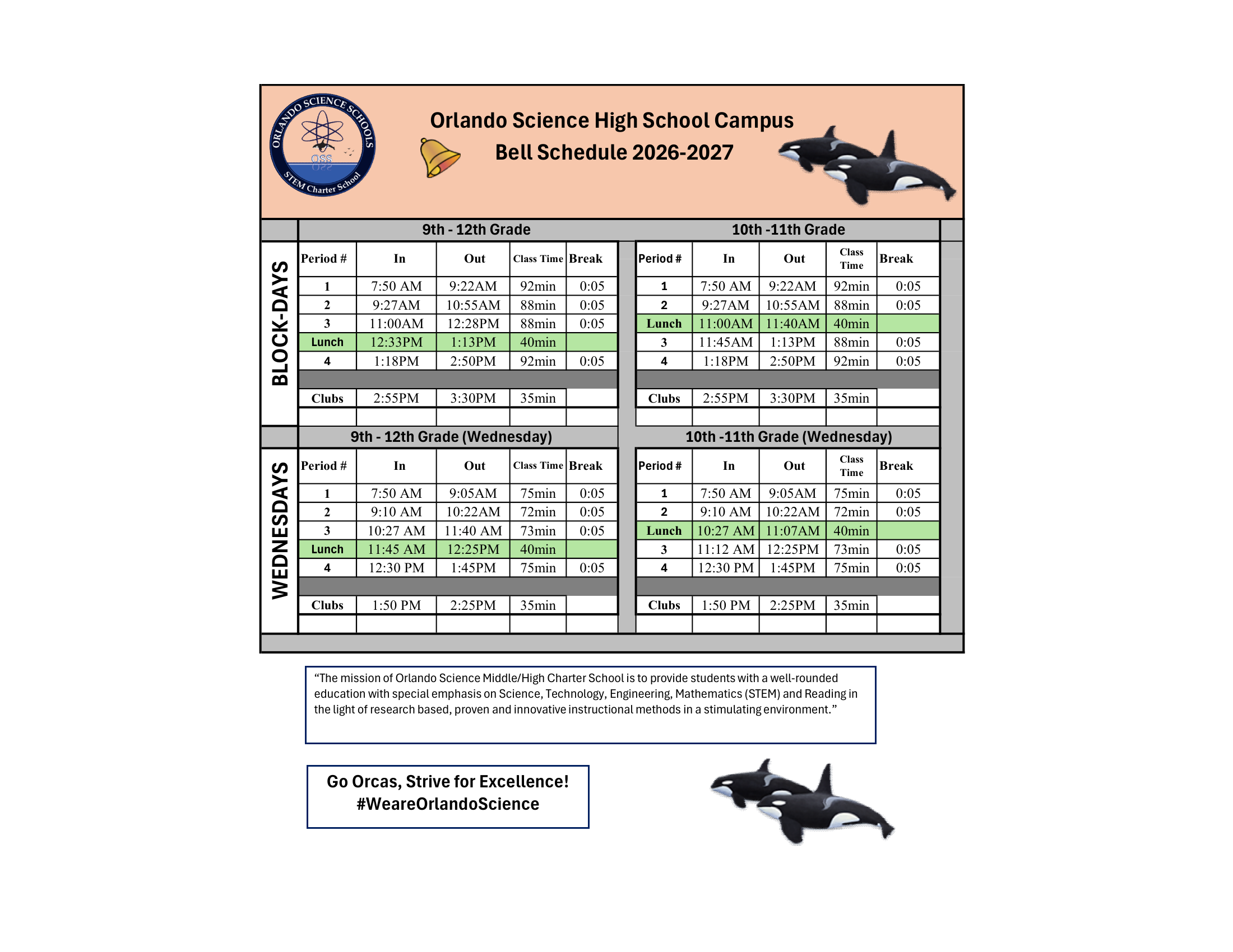 Orlando Science High School Bell Schedule 2026-2027